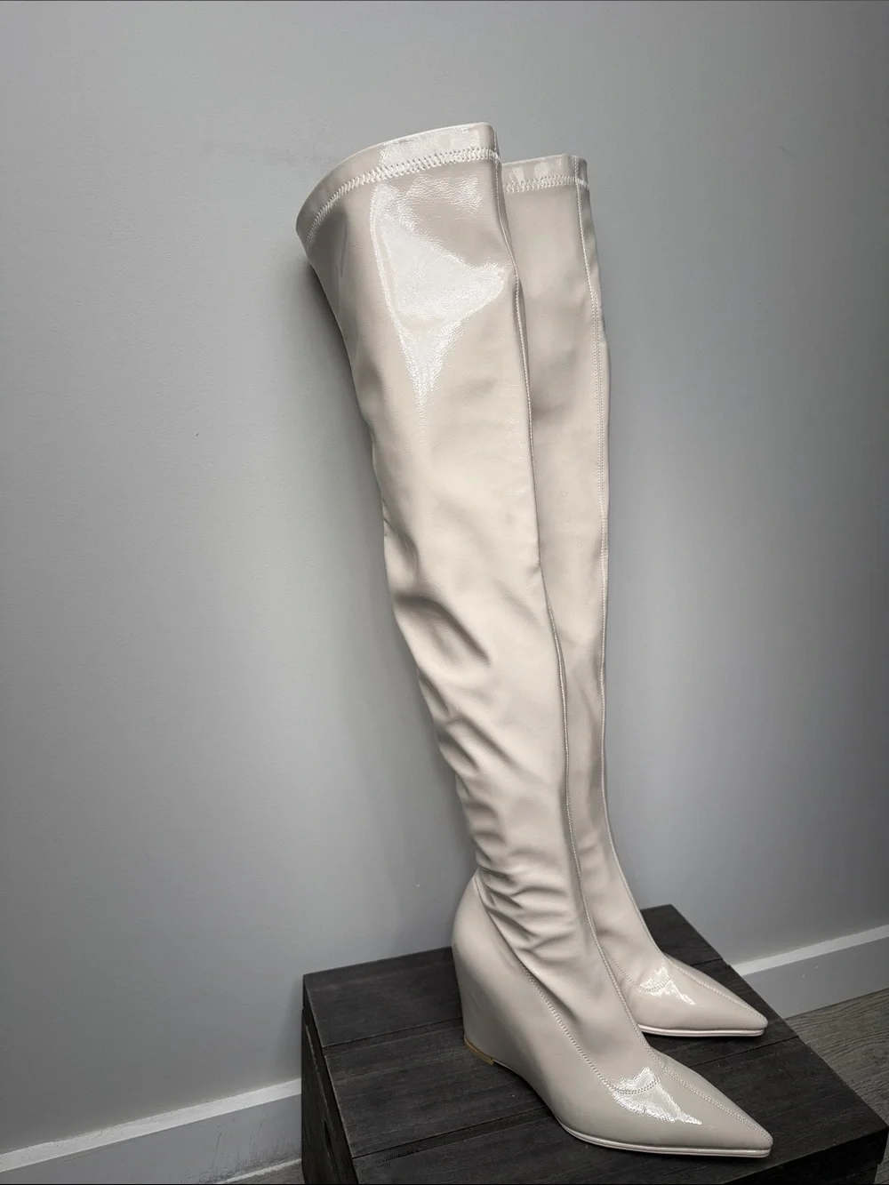 Ivory Patent Over-the-Knee Pointed Toe Boots NWOT